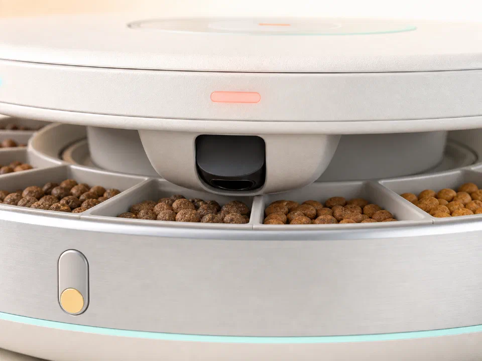 Close-up concept showing the feeder camera physically rotated down into a recessed privacy position, unable to face the room.