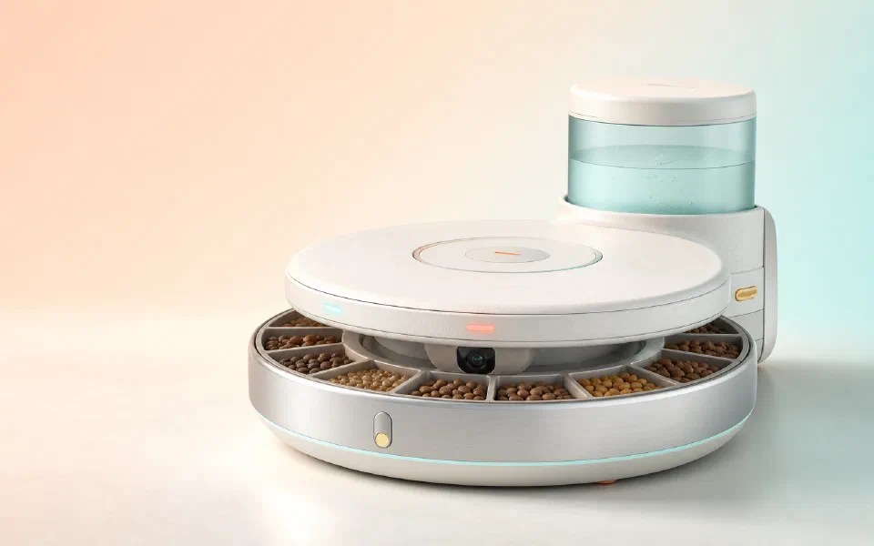 Concept render of the low circular KK Pet Feeder, with twelve food compartments, a brushed aluminium body and rear chilled-water station.