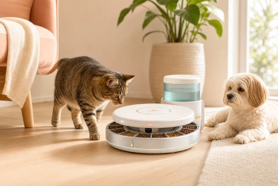 Concept feeder in a bright home, with a tabby cat investigating and a small cream-coloured dog relaxing nearby.