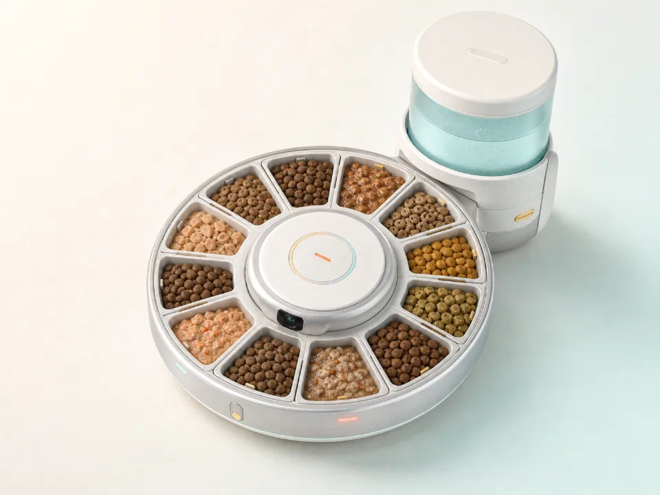 Top-down concept view showing exactly twelve separate wedge-shaped food compartments filled with a mix of wet and dry food.